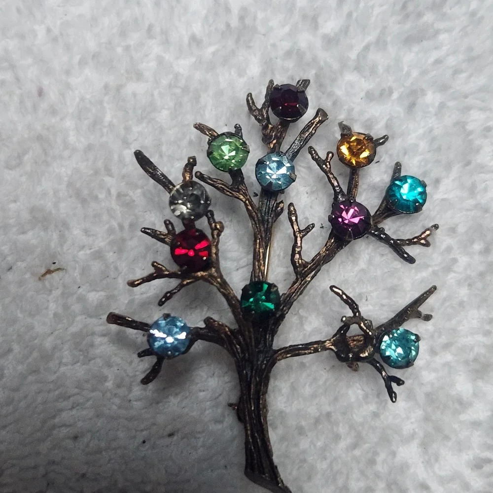 Vintage Sterling Silver Tree of Life Brooch Multi Color Rhinestone Pin‎